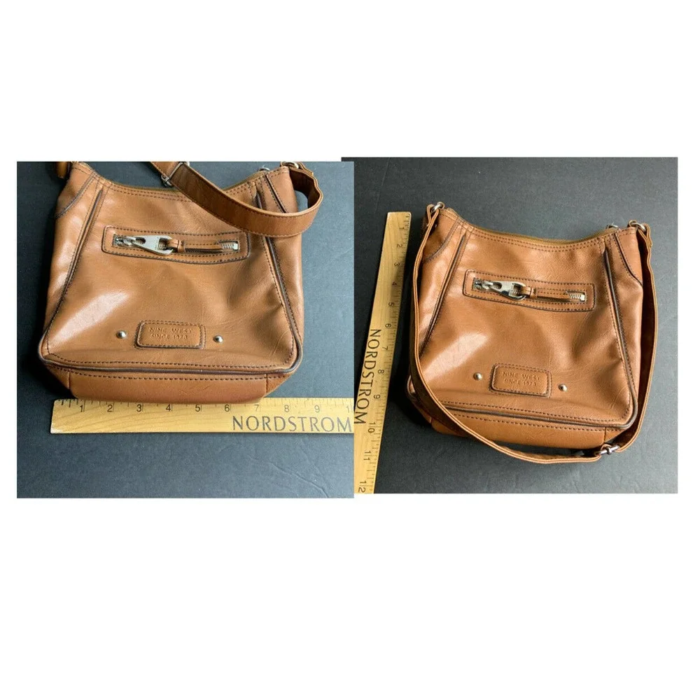 Retro NINE WEST Brown‎ Faux Leather Purse Medium Lined Zip Cognac Shoulder Bag